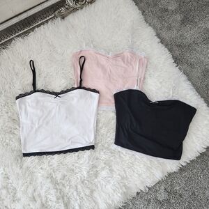 Charlotte Russe Lace Trim Crop Tops - Black, White, Pink
